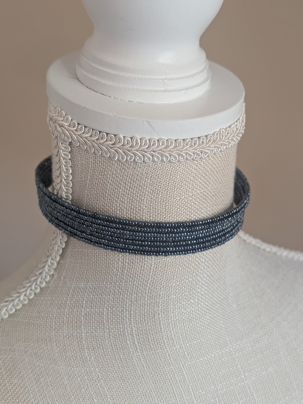 Vintage Whimsigoth Gunmetal Woven Seed Bead Wide Choker Necklace